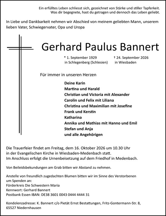 Traueranzeige von Gerhard Paulus Bannert von Wiesbadener Kurier