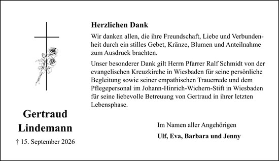 Traueranzeige von Gertraud Lindemann von Allgemeine Zeitung Mainz