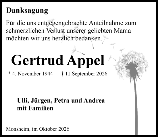 Traueranzeige von Gertrud Appel von Wormser Zeitung
