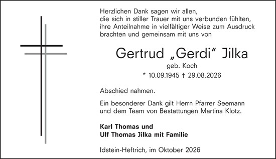 Traueranzeige von Gertrud Jilka von Idsteiner Land/Untertaunus