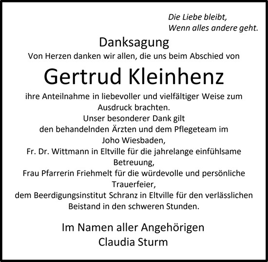 Traueranzeige von Gertrud Kleinhenz von Rheingau Kurier