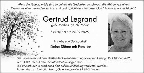 Traueranzeige von Gertrud Legrand von Binger-/Ingelheimer Wochenblatt