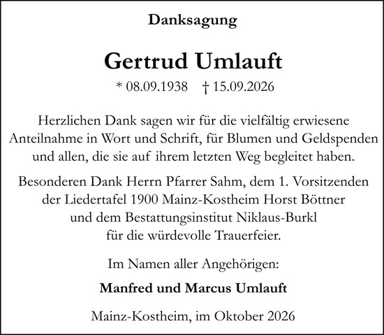Traueranzeige von Gertrud Umlauft von Allgemeine Zeitung Mainz