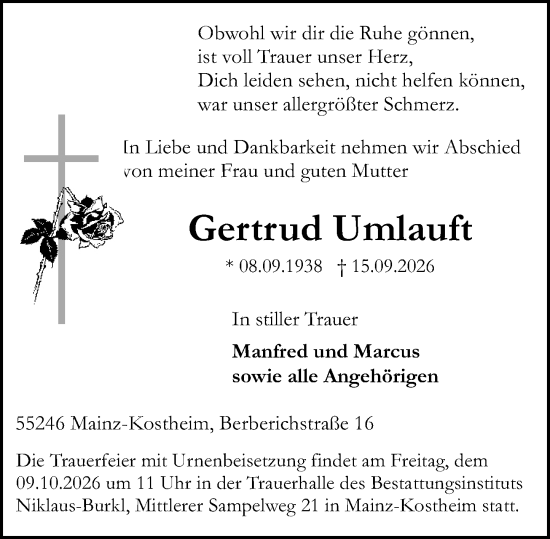 Traueranzeige von Gertrud Umlauft von Allgemeine Zeitung Mainz
