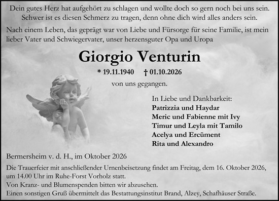 Traueranzeige von Giorgio Venturin von Allgemeine Zeitung Alzey