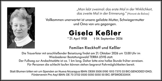 Traueranzeige von Gisela Keßler von Wiesbadener Kurier