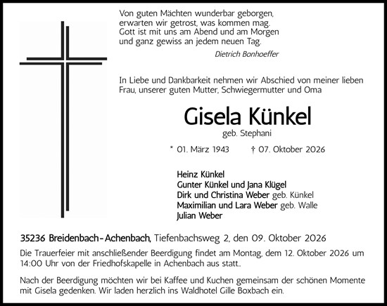 Traueranzeige von Gisela Künkel von Hinterländer Anzeiger