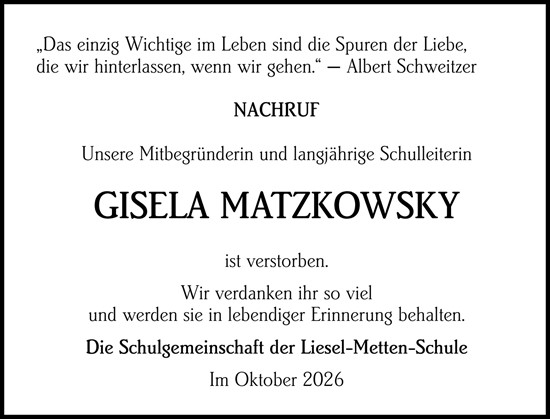 Traueranzeige von Gisela Matzkowsky von Allgemeine Zeitung Mainz