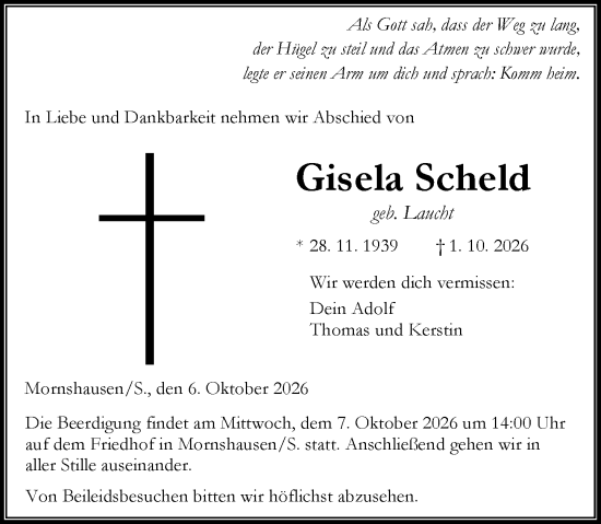 Traueranzeige von Gisela Scheld von Hinterländer Anzeiger