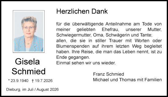 Traueranzeige von Gisela Schmied von Dieburger Anzeiger/Groß-Zimmerner Lokal-Anzeiger
