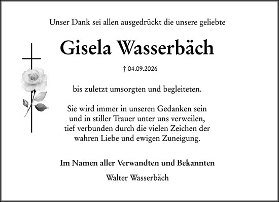 Traueranzeige von Gisela Wasserbäch von Odenwälder Echo