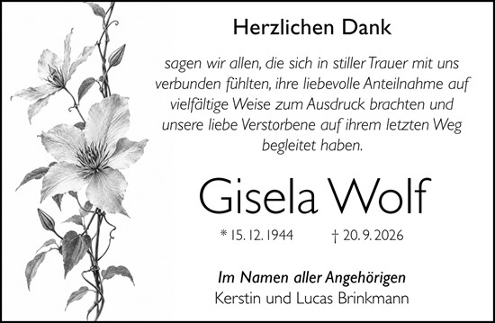 Traueranzeige von Gisela Wolf von Allgemeine Zeitung Mainz