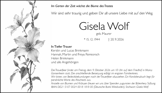 Traueranzeige von Gisela Wolf von Allgemeine Zeitung Mainz