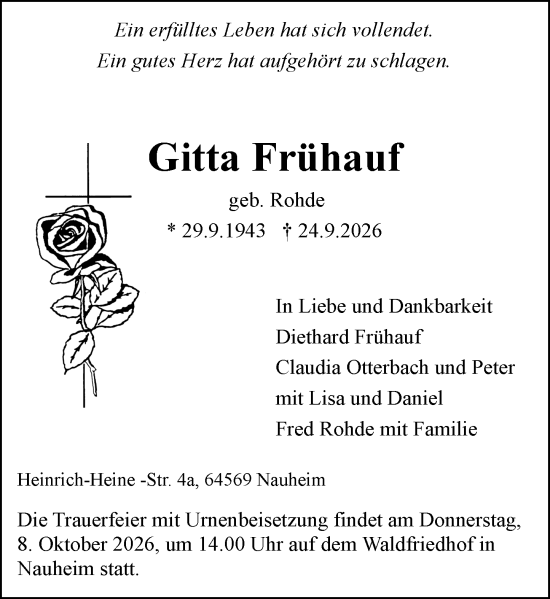 Traueranzeige von Gitta Frühauf von Rüsselsheimer Echo