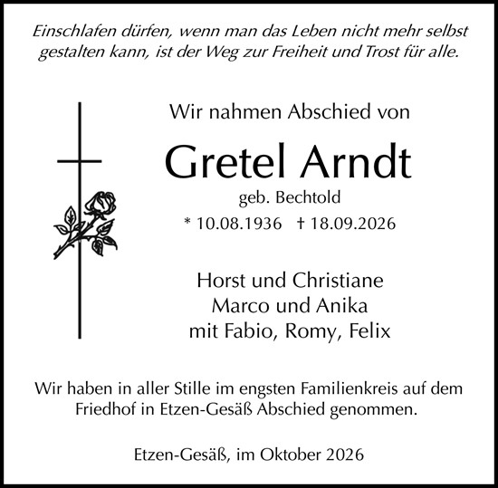 Traueranzeige von Gretel Arndt von Odenwälder Echo