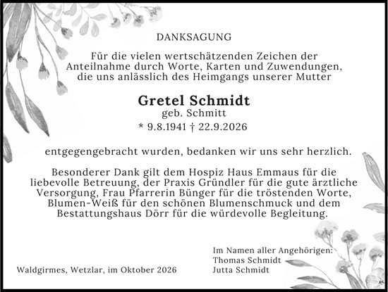 Traueranzeige von Gretel Schmidt von Wetzlarer Neue Zeitung