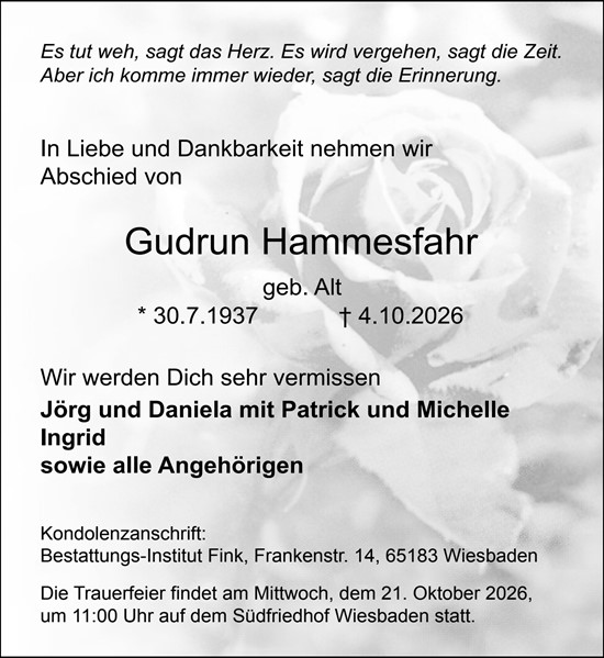 Traueranzeige von Gudrun Hammesfahr von Wiesbadener Kurier