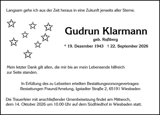 Traueranzeige von Gudrun Klarmann von Wiesbadener Kurier