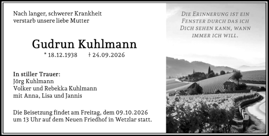 Traueranzeige von Gudrun Kuhlmann von Wetzlarer Neue Zeitung
