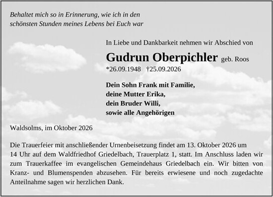 Traueranzeige von Gudrun Oberpichler von Wetzlarer Neue Zeitung