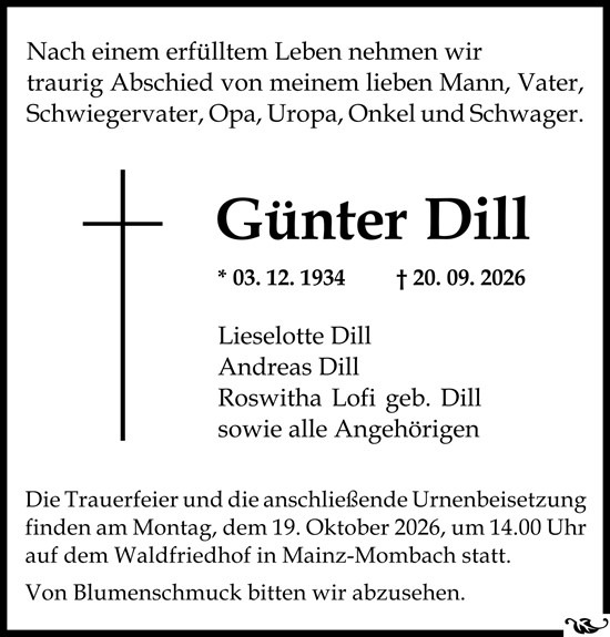 Traueranzeige von Günter Dill von Allgemeine Zeitung Mainz