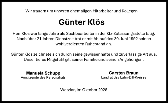 Traueranzeige von Günter Klös von Dill Block