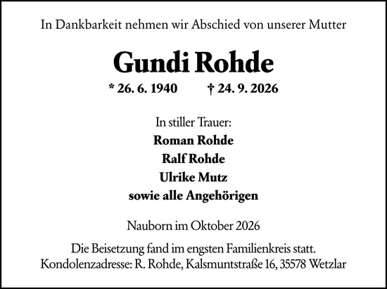 Traueranzeige von Gundi Rohde von Wetzlarer Neue Zeitung