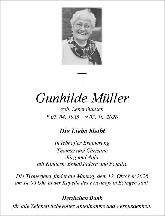 Traueranzeige von Gunhilde Müller von Wetzlarer Neue Zeitung