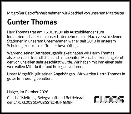 Traueranzeige von Gunter Thomas von Dill Block