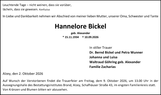 Traueranzeige von Hannelore Bickel von Allgemeine Zeitung Alzey
