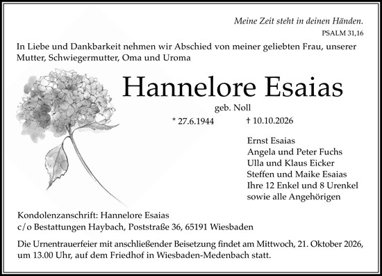 Traueranzeige von Hannelore Esaias von Wiesbadener Kurier