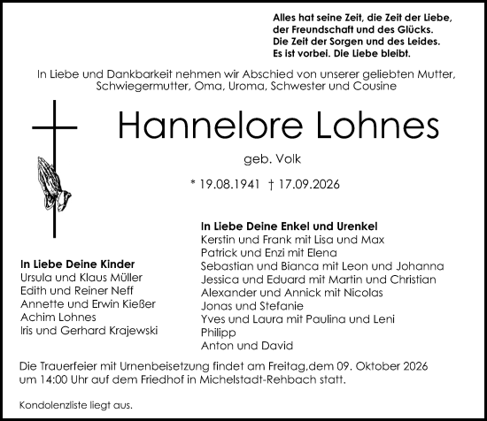 Traueranzeige von Hannelore Lohnes von Odenwälder Echo