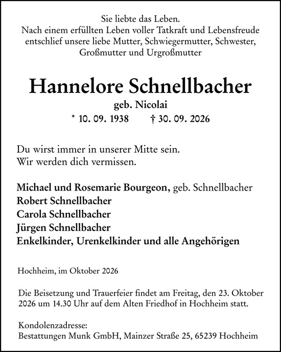 Traueranzeige von Hannelore Schnellbacher von Hochheimer Zeitung