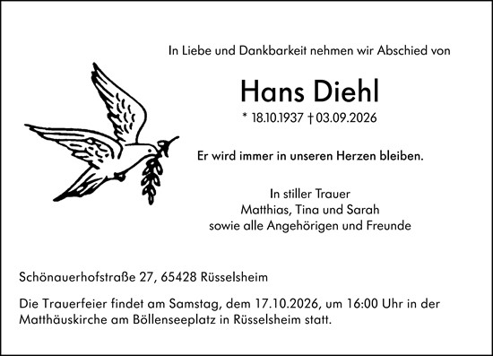 Traueranzeige von Hans Diehl von Rüsselsheimer Echo