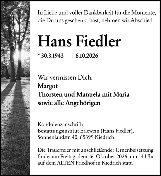 Traueranzeige von Hans Fiedler von Rheingau Kurier