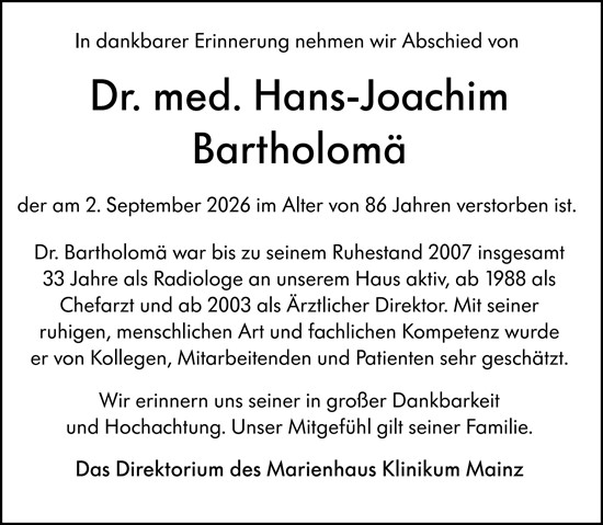 Traueranzeige von Hans-Joachim Bartholomä von Allgemeine Zeitung Mainz