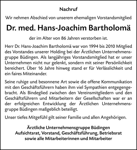Traueranzeige von Hans-Joachim Bartholomä von Allgemeine Zeitung Mainz