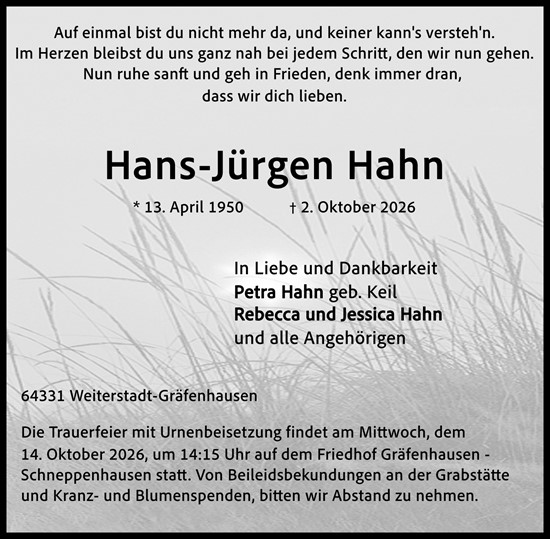 Traueranzeige von Hans-Jürgen Hahn von Darmstädter Echo