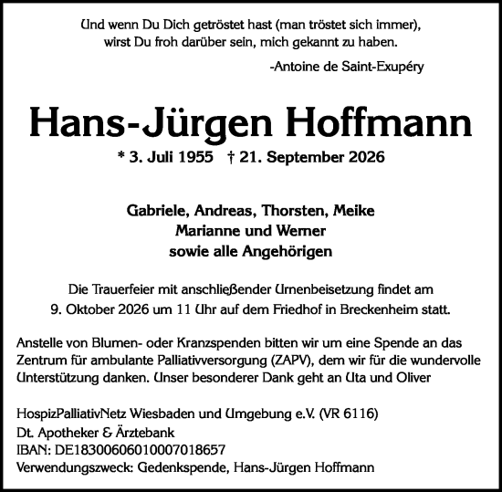 Traueranzeige von Hans-Jürgen Hoffmann von Wiesbadener Kurier