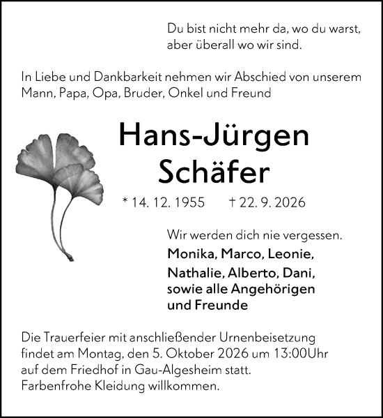 Traueranzeige von Hans-Jürgen Schäfer von Allgemeine Zeitung Rheinhessen-Nahe