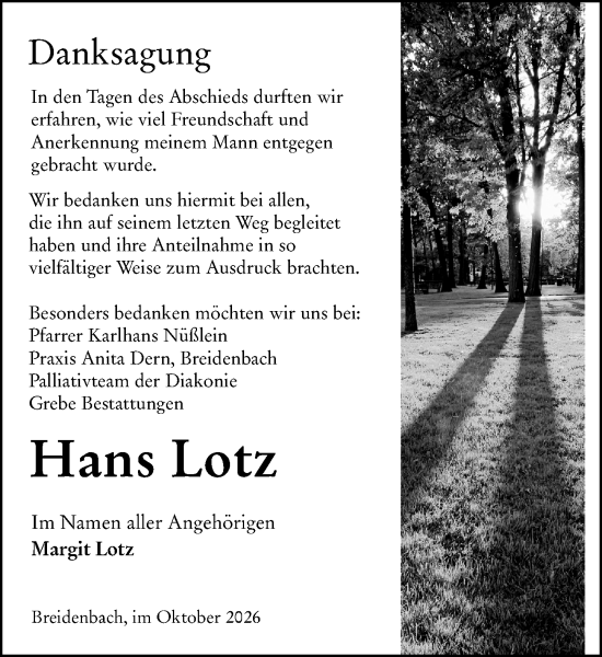 Traueranzeige von Hans Lotz von Hinterländer Anzeiger