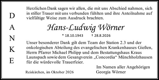 Traueranzeige von Hans-Ludwig Wörner von Wetzlarer Neue Zeitung
