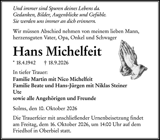 Traueranzeige von Hans Michelfeit von Wetzlarer Neue Zeitung
