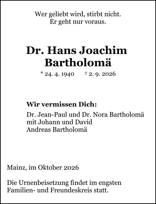 Traueranzeige von Hans Joachim Bartholomä von Allgemeine Zeitung Mainz