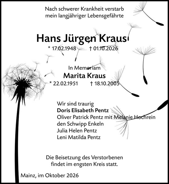 Traueranzeige von Hans Jürgen Kraus von Allgemeine Zeitung Mainz