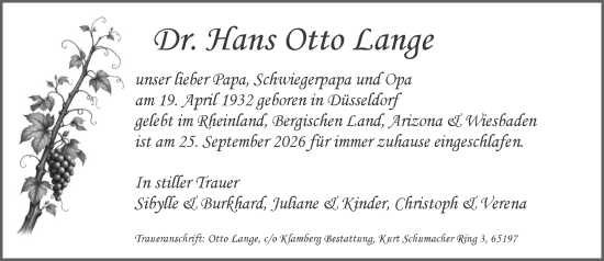 Traueranzeige von Hans Otto Lange von Wiesbadener Kurier
