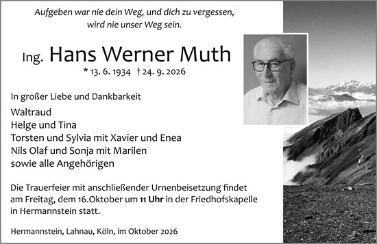 Traueranzeige von Hans Werner Muth von Wetzlarer Neue Zeitung