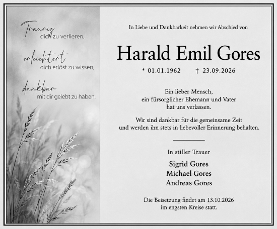 Traueranzeige von Harald Emil Gores von Wiesbadener Kurier