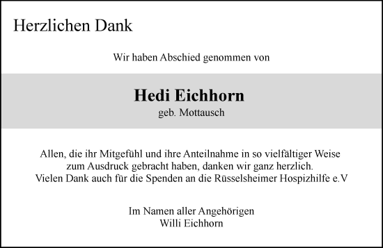 Traueranzeige von Hedi Eichhorn von Rüsselsheimer Echo