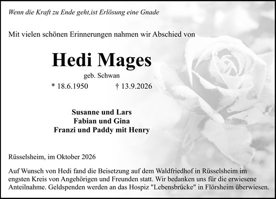 Traueranzeige von Hedi Mages von Rüsselsheimer Echo